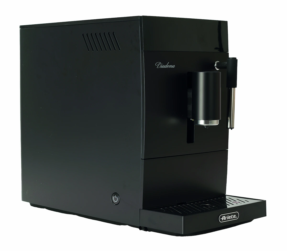 Lateral de la cafetera Ariete Diadema con detalle del botón de encendido y rejillas de ventilación.