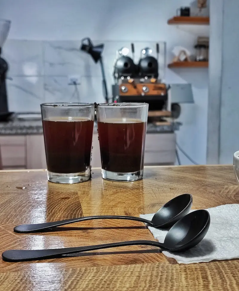 Sesión de cata profesional de café de especialidad para evaluar los perfiles de Alegría, Amanecer y Capricho de Café Lindo.