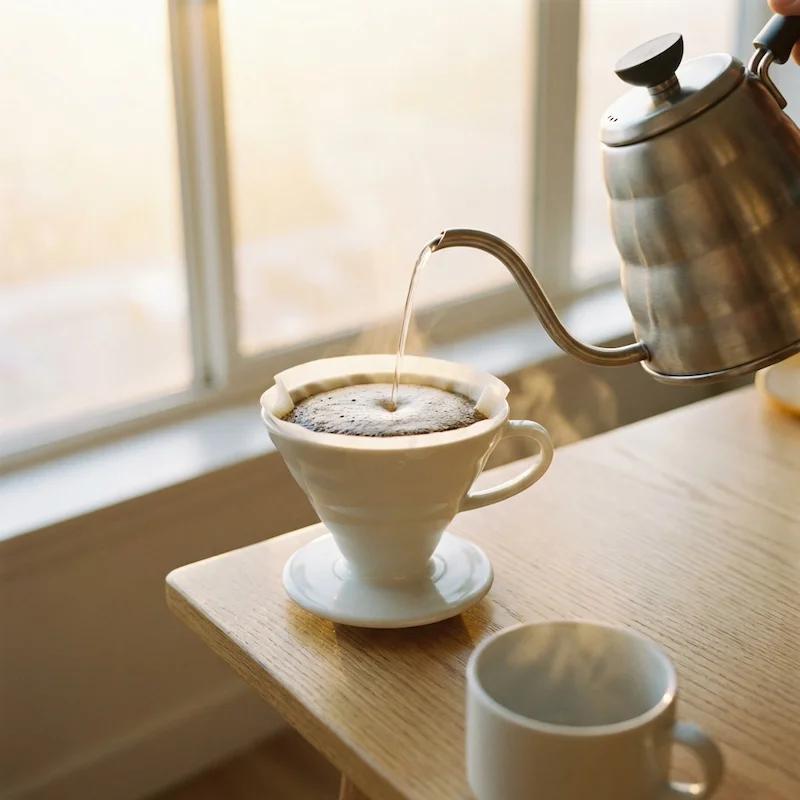 Café Lindo Amanecer, Bourbon Ají lavado preparado en V60 con el método Tetsu Kasuya 4:6 y luz natural de mañana