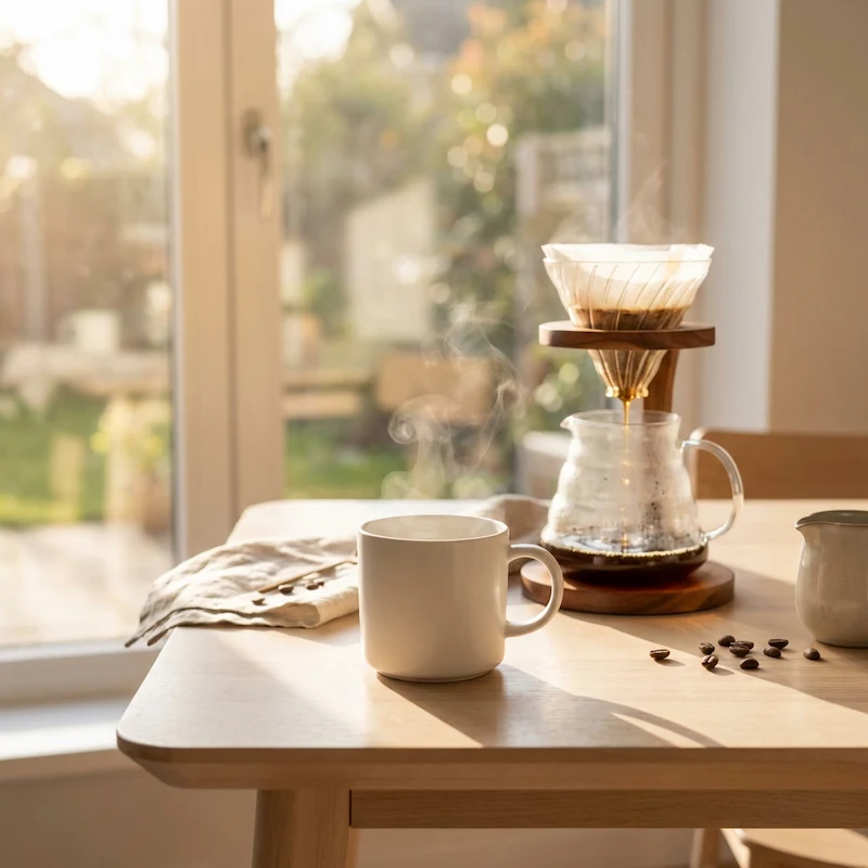 Café Lindo Amanecer, Bourbon Ají lavado de Pitalito preparado en V60 con método de filtro y luz natural de mañana