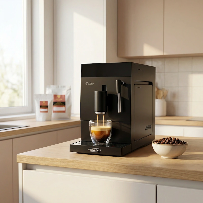 Superautomática Ariete Diadema preparando espresso en vaso de cristal con crema dorada, configuración recomendada para Esencia Lindo de Café Lindo.