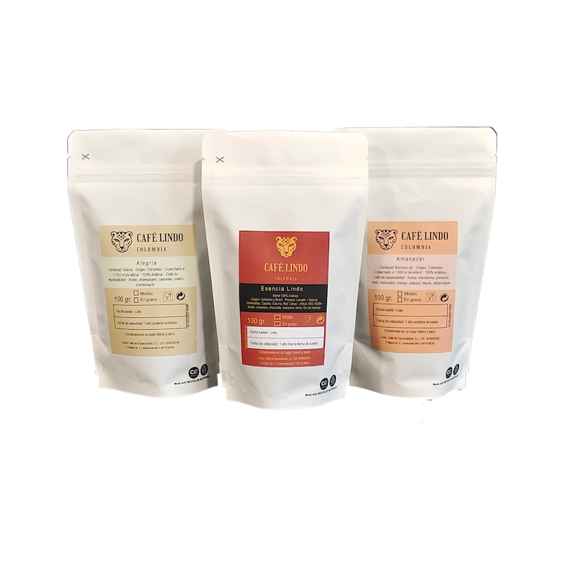 Pack Trio Lindo Mini de Café Lindo con tres cafés de especialidad colombianos en bolsas de 100 g: Alegría, Esencia Lindo y Amanecer